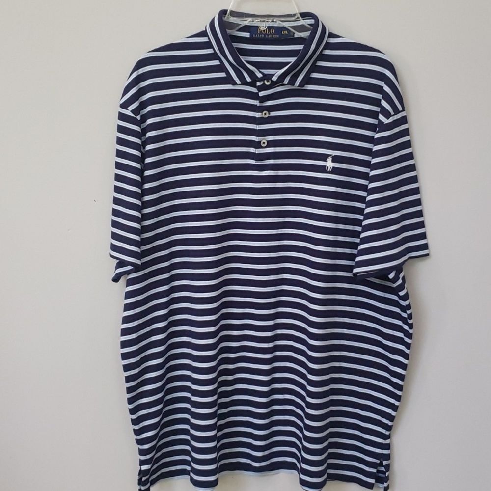Ralph Lauren Polo Shirt Men's XXL 2XL 100% Cotton Navy Baby Blue Stripes